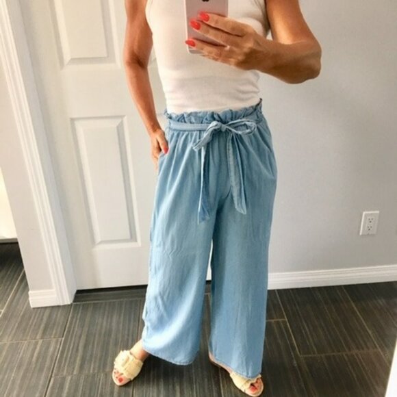 Angela Mara Lyocell denim blue paperbag tie up waist pants size xs - Picture 1 of 10